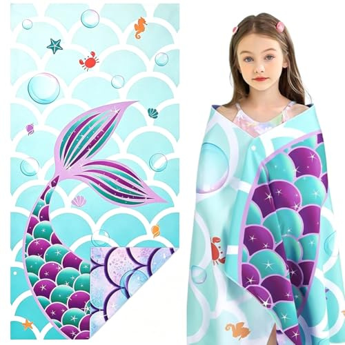 YskerrigToy Serviette de Plage Sirène, 75 X 150 cm Serviette Microfibre pour Enfants, Serviette de Plage Sirène en Microfibre, Légère, Douce, à Séchage Rapide, pour Natation Voyage Piscine Plage