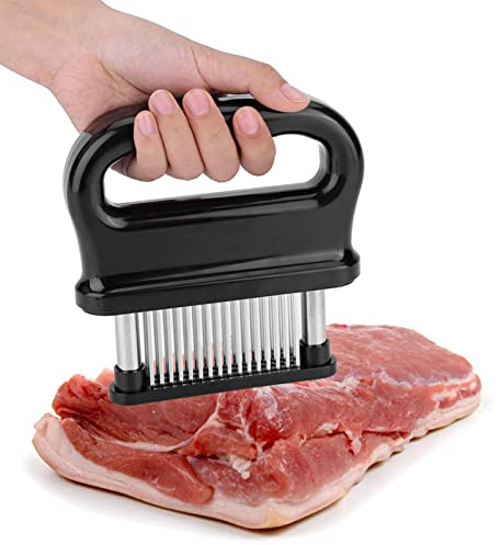 EIMSOAH Inteneritore per Carne con 48 Aghi in Acciaio Inox, Manico in ABS con Molla per Intenerire Manzo, Maiale, Pollame e Pesce, con Doppio Coperchio di sicurezza.