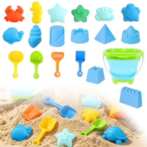 17Pcs Beach Toys, Sand Toys Set with Shovels Sand Molds Collapsible Bucket