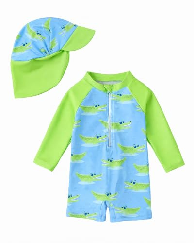 JiAmy Baddräkt med solhatt för småbarn, baby, pojke, långärmad baddräkt med dragkedja, rash guard, baddräkt i ett stycke, baddräkt med solskydd, solskyddsplagg för stranden