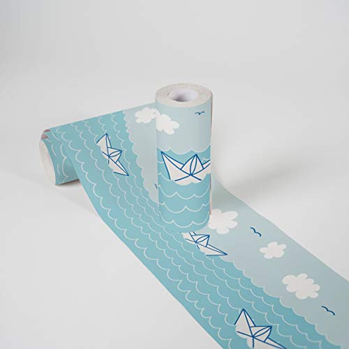 A.S. Création Lovely Kids Bordüre selbstklebend Paper Boat Love Wandbordüre Papierboote, Wellen und Meer für Babyzimmer Wandtattoo für Mädchen und Jungen in blau, hellblau, weiß