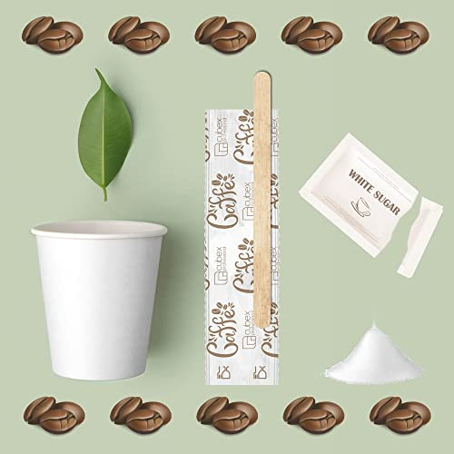 Kit d'accessoires à café composé de 150 gobelets en carton recyclables de 75 ml, 150 sachets de sucre, 150 touillettes en bois 9 cm (kit de base)