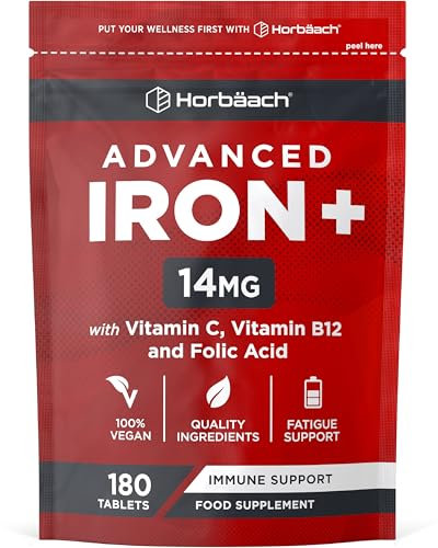 Iron Tablets High Strength 18mg | with Vitamin C, Folic Acid & Vitamin B12 | 180 Vegan Tablets (6 Months Supply) | Supplement for Men & Women | by Horbaach