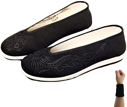 YUANSOME Tai Chi Chaussures d'entraînement avec broderie dragon – Kung Fu/Arts martiaux Chaussures de sport unisexes traditionnelles chinoises brodées pour intérieur/extérieur (Premium Black), Noir