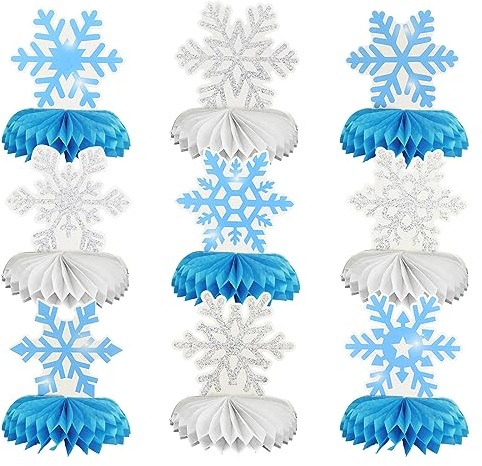 Bekecidi 9 Piezas de Centros de Mesa de Panal de Copo de Nieve Centros de Mesa de Frozen de Color Blanco y Azul Decoración de Mesa de Fiesta de Invierno para Navidad Vacaciones Invierno Cumpleaños