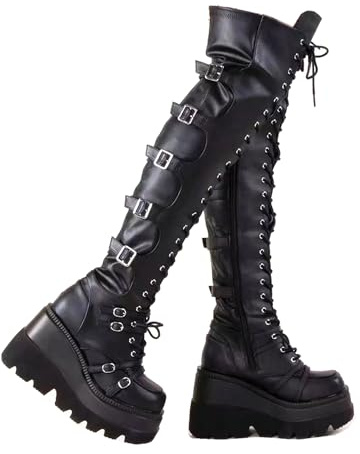 Gothniero Black Platform Boots Over Knee Thigh High Goth Boots for Women Chunky Heel Rave Motorcycle Boots with Buckles Side Zip Lace Boots Size5.5-10