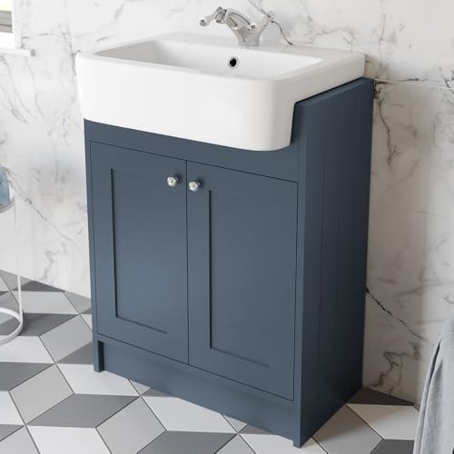 BAYSTONE® 620mm Bathroom Vanity Unit Semi-Recessed Basin Sink Storage Cabinet Cupboard Freestanding, 1 Tap Hole Wash Basins, Double Door, Matt Blue