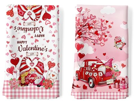 Arquiel Set di 2 Strofinacci Cucina San Valentino Gnomo Cucina Strofinacci Cotone 100% Assorbente Cuori Canovacci Cucina Decorazione Regali di Vacanza per Cucina 48 cm x 70 cm