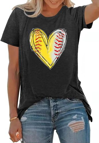 PECHAR Baseball Shirts Women Baseball Mom Shirt Tee Baseball Heart Graphic Tee Game Day Gifts Funny Short Sleeve Top Red