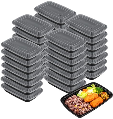 ZOENHOU Meal Prep - Förpackning med 50 matförvaringsbehållare med lock i plast, 750 ml, i plast, svart, återanvändbara, 1 fack för matförvaring för att ta med, picknick, snacks