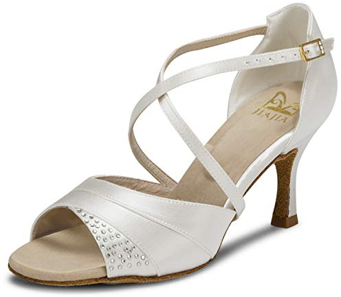 JIAJIA 20522 Latin Women's Sandals 2.95'' Flared Heel Super Satin Dance Shoes Color Ivory,Size 8 UK / 42 EU
