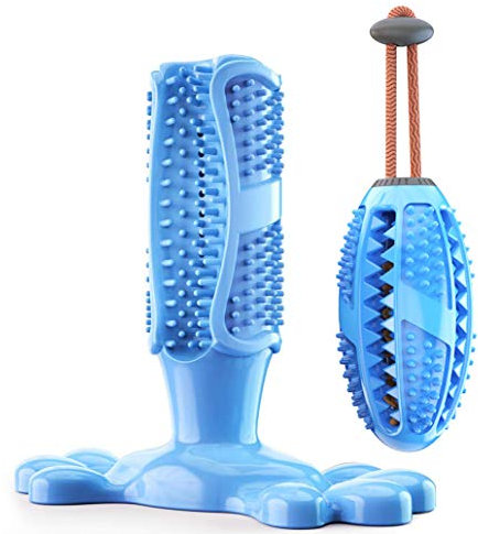 Hundezahnbürste Stick und Training Kauspielzeug, 2-Pack Set Haustier-Kauspielzeug, ungiftiger Naturkautschuk, Zahnpflege für Hunde, Zahnreinigung (M, Blau)