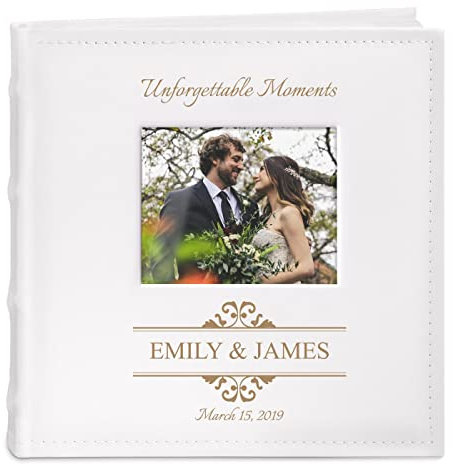 Maverton Slip-In Photo Album for couples - Engravable cover with a photo frame- White leatherette- 100 pages to fill in with 200 images- Personalized album for parents - moments