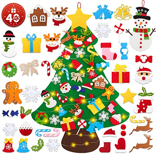 Lanpn Albero di Natale in feltro 102 cm più pupazzo di neve, Albero Natale montessori per bambini, albero di Natale con luci con 40 pezzi decorazione da appendere in velcro per casa, porta e parete