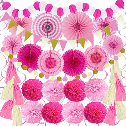 ZERODECO Decoraciones de fiesta, 41 piezas de pompones rosas Papar abanicos, guirnaldas, borla de papel de seda para fiesta, hogar, novia, baby shower, boda, niño, niña, fiesta de cumpleaños