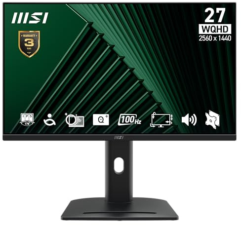 MSI PRO MP275QPG 27 Inch WQHD Office Monitor - 2560 x 1440 IPS Panel, 100Hz, Eye-Friendly Screen, VESA Mountable, Display Kit Support, 4-Way Adjustable - HDMI, DisplayPort