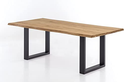 WOODLIVE DESIGN BY NATURE Brian Massivholztisch in Wildeiche, massiver Esstisch mit Baumkante, rustikaler Esszimmertisch mit schwarzen Stahlkufen Größe:180x100