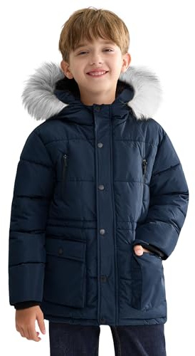 maoo garden Boys Puffer Winter Coat Big Kids Heavyweight Sherpa Lined Fur Hooded Outdoor Jacket Water-Resistant Medium Style Snow Parka Navy 8Y