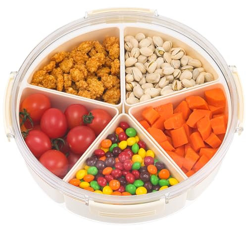 HNNJCK Snackschale mit Deckel, Snackteller mit Fächern, Kunststoff Unterteilung Snack Schalen Platte Aufbewahrungsbox, Snackbox Organizer für SüßIgkeiten Candy Veggie Keks Nüsse Obst (Round)