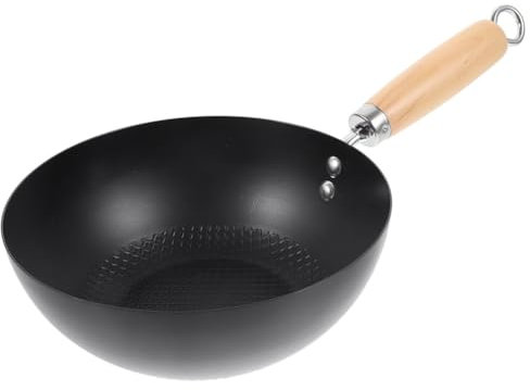 HOLIDYOYO Gusseisen-Wok Aus Karbonstahl, 24 Cm Tiefe Bratpfanne Mit Rundem Boden Und Holzgriff, Chinesischer Und Japanischer Wok Für Küche, Vielfältige Kulinarische Stile, Rezepte, Schwarz