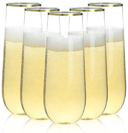 Bestluck 48 Pack 9 oz Stemless Plastic Champagne Flutes, Clear Disposable Champagne Glasses Gold Rim, Shatterproof and BPA-Free Drinkware for Party & Graduation & Wedding