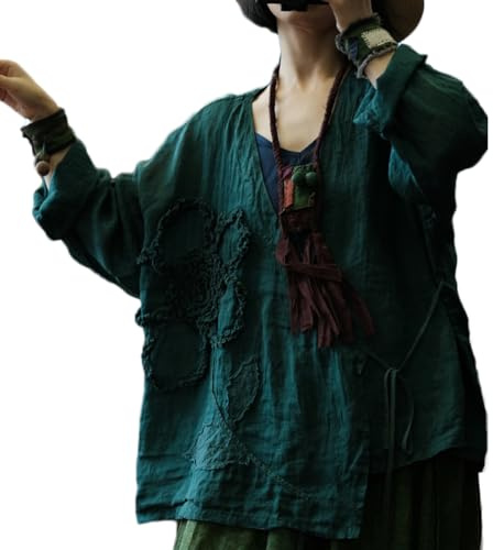 Cardigan da donna Hanten a maniche lunghe avvolgente con cravatta frontale applique kimono Hanfu costume camicia top, Verde, taglia unica