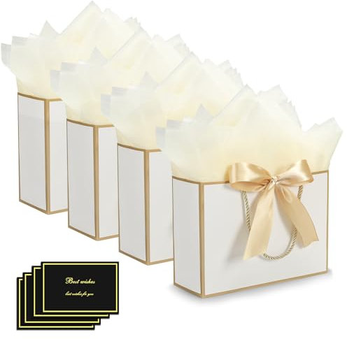 FLUETOOD Geschenktüten 4 Stück Geschenktaschen mit 4 Schleifenbändern 4 Grußkarten 8 Blatt Packpapier,Partytüten Geburtstag Papiertüten mit Henkel für Hochzeit Christmas Festivalfeier Feier