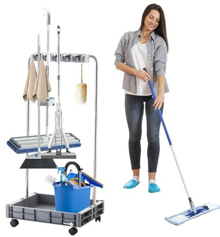 Carrello per la pulizia della casa, porta scopa – Carrello per la casa con grande capacità, organizer per scope, attrezzi per stazioni domestiche per ospedali, fabbriche, alberghi, immob