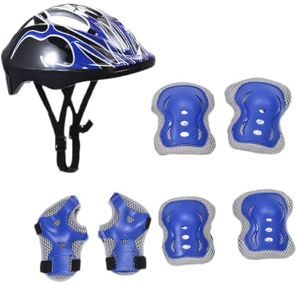 LeeQinersw Casco para niños, Equipo de Patinaje con Coderas y muñequeras, Azul Negro