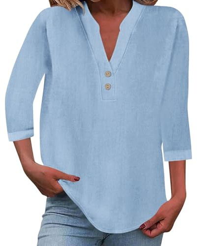 riou Ladies Tops 2026 Women's Summer Cotton Linen Cap Sleeve 3/4 T-Shirt Button V Neck Tunic Tops Fashion Baggy Solid Plain Casual Shirts Trendy Blouse