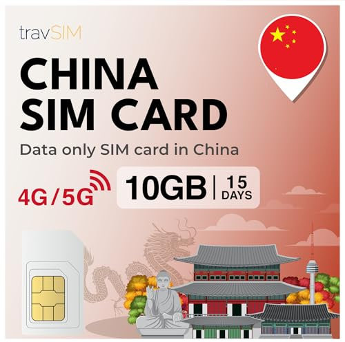 travSIM SIM Card China | SIM de 10GB de Datos | Velocidades 4G/5G para China y Macao – Acceso Completo a Google, Facebook, Whatsapp y más | Plan de Tarjeta SIM China con 15 días de validez