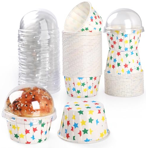 Bigqin 50 Piezas Moldes Magdalenas con Tapa, 5.5OZ Moldes Magdalenas Papel para Boda Cumpleaños Picnic Fiesta, Cajas para Tartas Pasteles Postres, Resisten Hasta 220℃