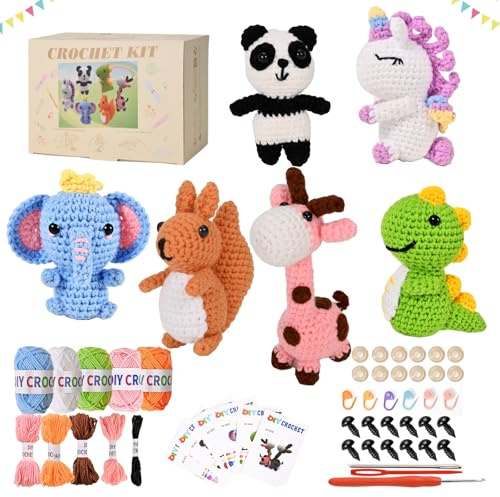 Alutaba Crochet Kit for Beginners – 6pcs Amigurumi Animal Crochet Starter Kit with Video Tutorials, Complete Yarn & Hook Set – DIY Craft Gifts for Adults, Teens, Great Birthday Gift for Crochet Lovers