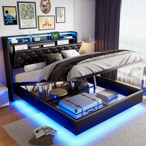 BRILVERDE Letto imbottito 160x200 cm con Contenitore idraulico, Letto matrimoniale con LED e USB, Letto fluttuante con testiera, Struttura letto con rete a doghe, PU (nero, 160 x 200 cm)
