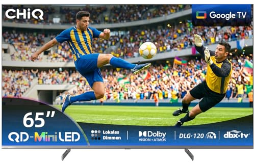 CHIQ Téléviseur M65QN9G 65 Pouces (164 cm) Smart TV 4K Mini QLED, Google TV 5.0, MEMC Dolby Vision & Atmos DLG 120Hz HDR10 Assistant Google & Chromecast intégrés,Cadre métallique