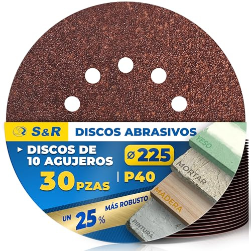 S&R Dischi Abrasivi 225 mm Grana 40-30 pz - Disco Abrasivo 225mm P40 per Levigatrice per Muro Cartongesso. Set di Carta Abrasiva con 10 Fori per Levigatrice Giraffa