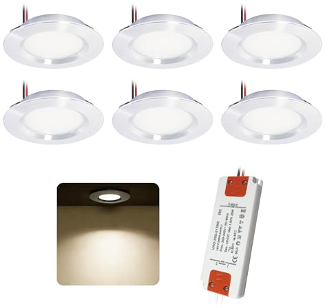 Lot de 6 Spot LED Encastrable Extra Plat 3W 12V, Plafonnier Lampe Salle de Bain Avec Un Transformateur 230 V, Trou Ø55mm-58mm Deckenleuchte Badezimmer Salon Cuisine Rond(Argenté Blanc Neutre)