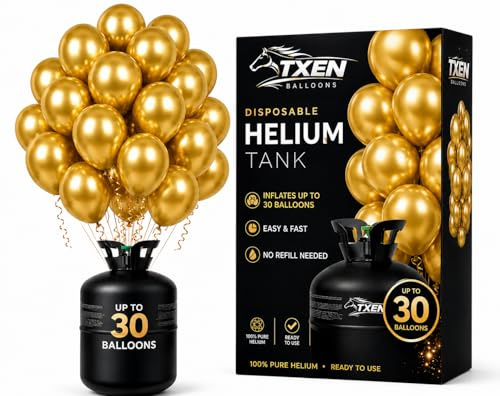 TXEN 7L Disposable Helium Gas Canister, Fills 30 x 9-Inch Latex Balloons, Filled Helium Balloon Gas Cylinder for Party, Birthday & Wedding Decorations, Includes 50 Gold Balloons + 30 Extra Balloons