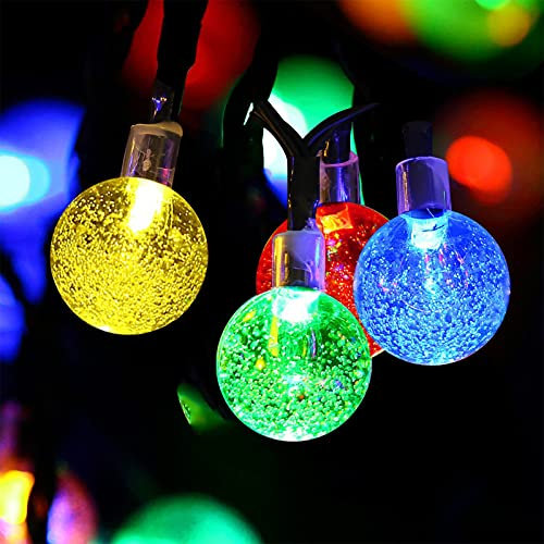 Fohil Guirnalda Luces Exterior Solar, 11M/36FT 60 LED Cadena de Luces Bola Cristal, 8 Modos IP65 Impermeable, Solares Exteriores Decoración para Halloween, Navidad, Fiestas, Bodas, Patio, Jardín