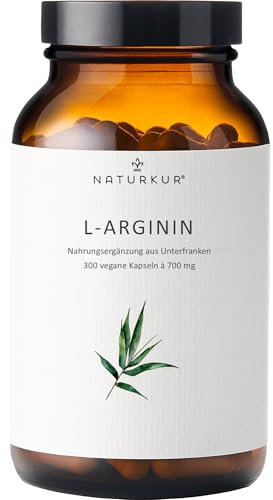 Naturkur® L-Arginin Base (rein, kein HCl) 700 mg - 270 Kapseln im Apothekerglas - Vegan, Laborgeprüft, ohne Zusatzstoffe, in Handarbeit hergestellt in Unterfranken