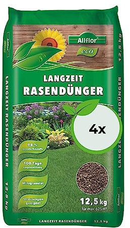 Allflor Eco Langzeit Rasendünger 4 x 12,5 kg I Dünger aus hochwertigen wiederverwerteten Rohstoffen I NPK-Dünger für alle Rasensaaten I Dünger fördert ein dichte Grasnarbe | Für max. 2500 m²