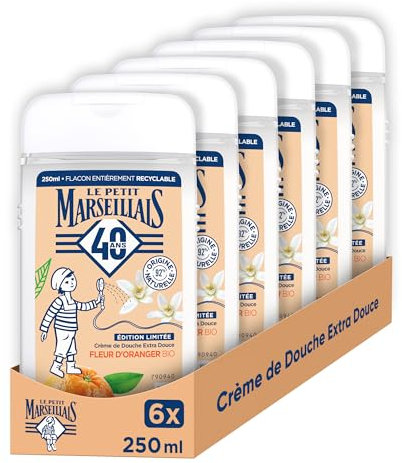 Le Petit Marseillais | Crème de Douche Extra Douce Fleur d'Oranger Bio (lot de 6 flacons de 250 ml) – Gel douche avec 92 % d'ingrédients d'origine naturelle – Flacon entièrement recyclable