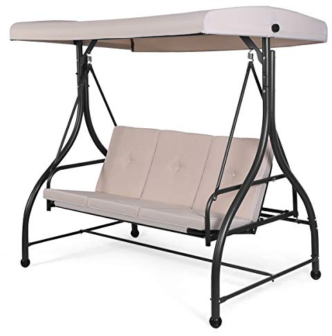 COSTWAY 3 Seater Garden Swing Chair, Convertible Outdoor Hammock Bench Chair with Adjustable Canopy and Cushions, Steel Frame Porch Patio Swing Seat Lounger for Balcony, Deck and Poolside (Beige)