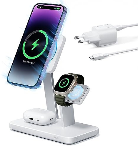 ESR 25W 3 in 1 Ladeständer für MagSafe, hergestellt für Apple-zertifiziertes magnetisches kabelloses Ladegerät, 15W Ladestation für MagSafe und iPhone 16/15/14/13, Apple Watch/AirPods 4/3/Pro, Weiß