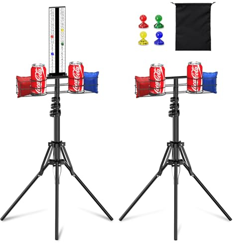 Lokuc 2 Sets Cornhole Scoreboard with Drink Holder, Height Adjustable Foldable Cornhole Score Keeper with Storage Rack Includes 4 Magnets, 1 Storage Bag, Suitable for Outdoor Yard Games