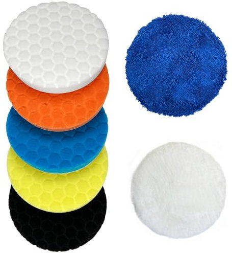 7tlg 150mm Polierpad Klett Set, Konvixon Waben Polieren Schwämme, Auto Polierpads, Wachs Polierschwamm Waschbar, Polishing Pad,vielseitiges Polierschaum Set für Exzenter Poliermaschine Schleifmaschine
