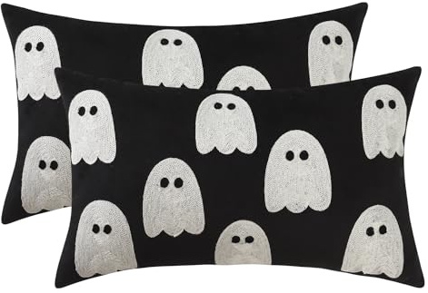 Tosleo Halloween Decor Pillow Covers 12x20 Set of 2 White Cute Ghost Throw Pillow Covers Happy Halloween Black Decoration Embroidered Pillow Cases for Halloween Home Velvet Thanksgiving Cushion Case