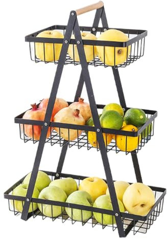 Sightday 3 Etagen Obstkorb,Gemüse Aufbewahrung,Obstkorb Etagere Mit Hölzerner Griff,Abnehmbar Metallkorb Küchenorganizer,Obst Und Gemüse Aufbewahrung,Gemüseregal für Brot,Gemüse,Snacks(Schwarz)