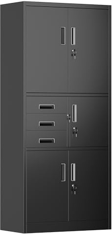 SUPEER Aktenschrank,Metallschrank mit DREI SchubladenLagerschränke,Stahlblech Pulverbeschichtung,Stahlschrank für Werkzeuge, Büro,180 x 80 x 40 cm（schwarz）