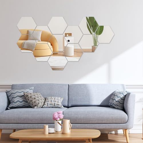 tlidfgeo 12 Stück Spiegelfliesen Selbstklebend Hexagon Acryl Spiegel DIY Dekorative 3D Sechseck Spiegel Wandaufkleber Für Zimmer, Schlafzimmer Aesthetic, Bett, Living Room, Flur Deko